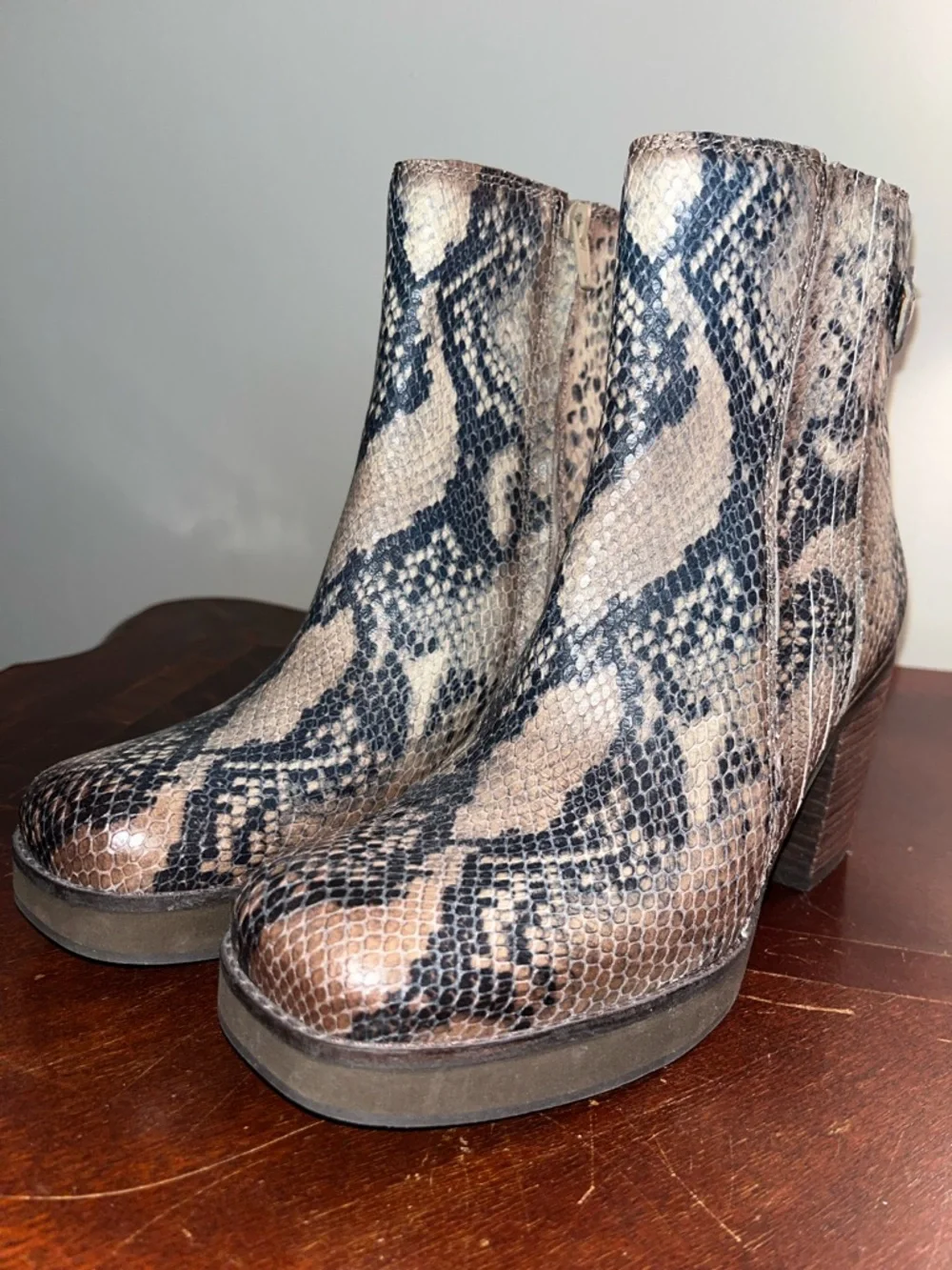Zodiac Snake-Print Platform Ankle Boots in Brown and Black